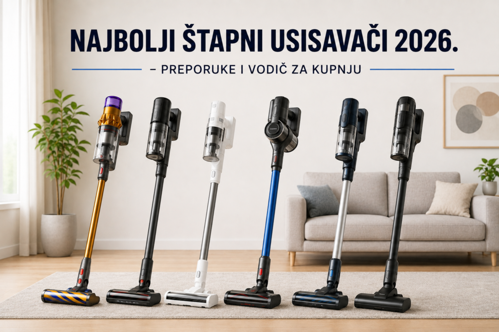 Šest bežičnih štapnih usisavača postavljenih u svijetlom dnevnom boravku