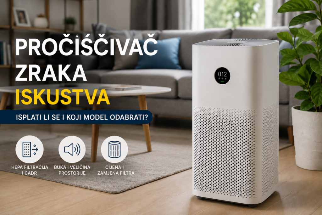 Bijeli pročišćivač zraka u modernom dnevnom boravku