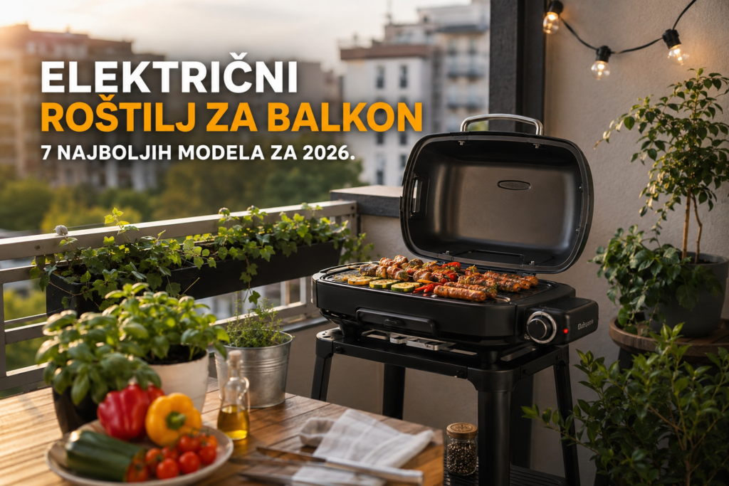 Električni roštilj za balkon s hranom na roštilju