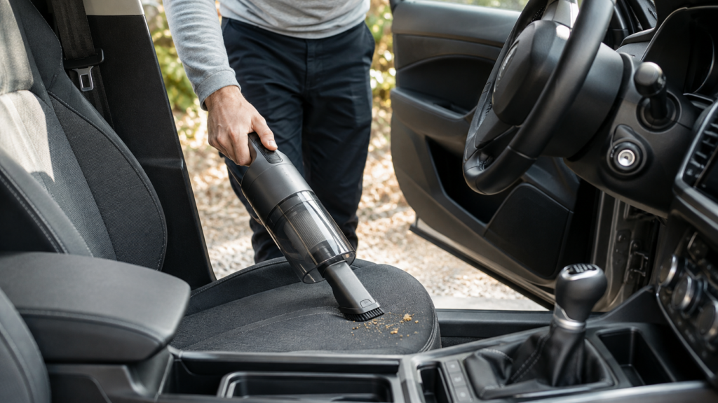 Ručni usisavač za auto tijekom čišćenja sjedala i unutrašnjosti vozila
