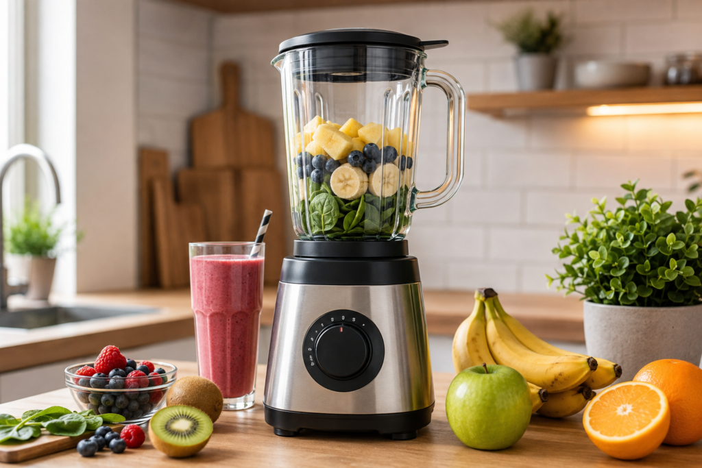 Blender s voćem i smoothiejem u modernoj kuhinji