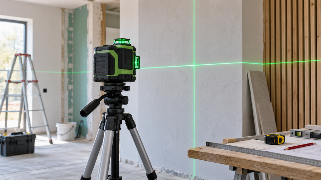 Laserski nivelir sa zelenim laserskim linijama tijekom renoviranja prostorije