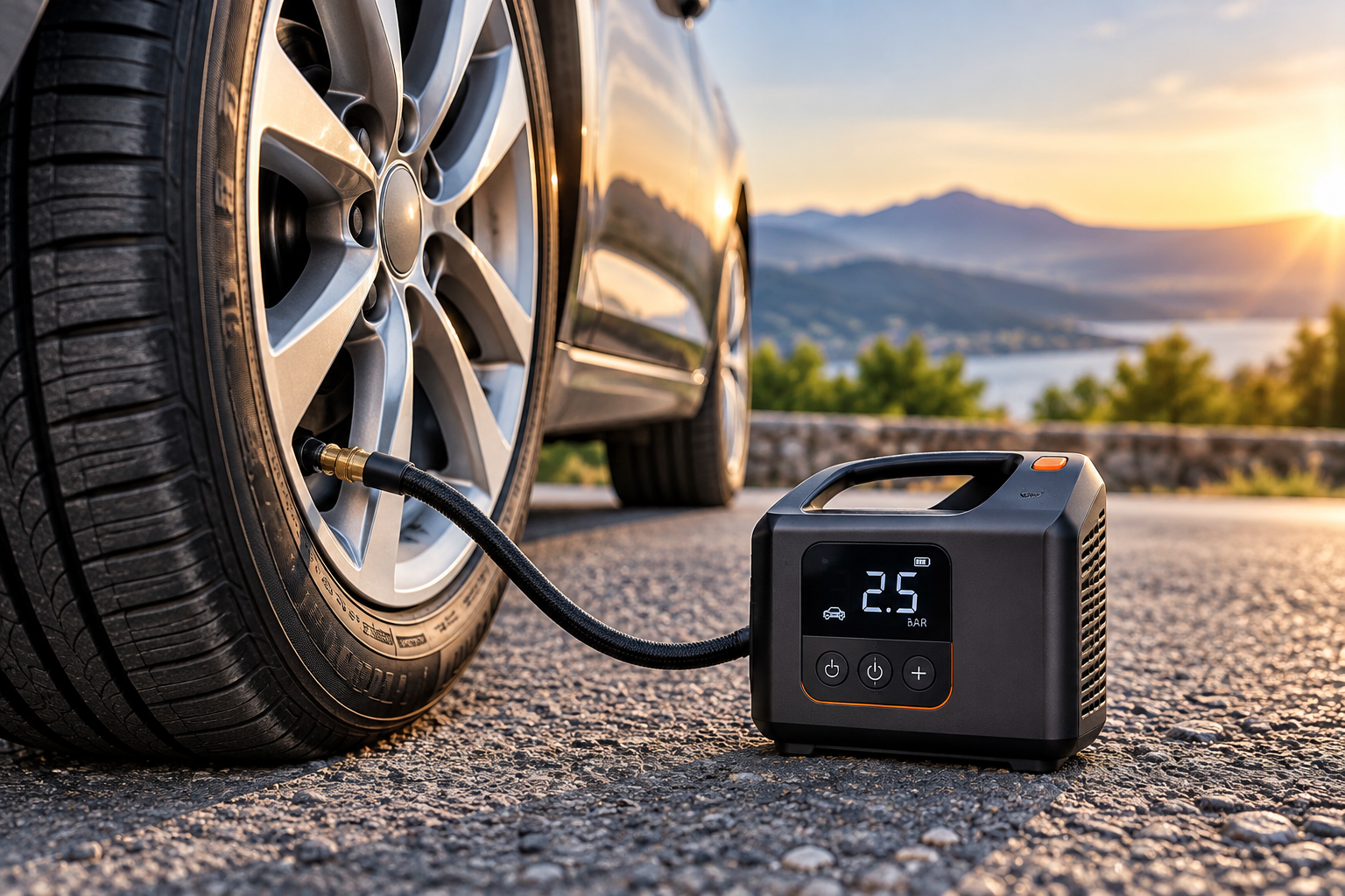 Kompresor za auto spojen na automobilsku gumu