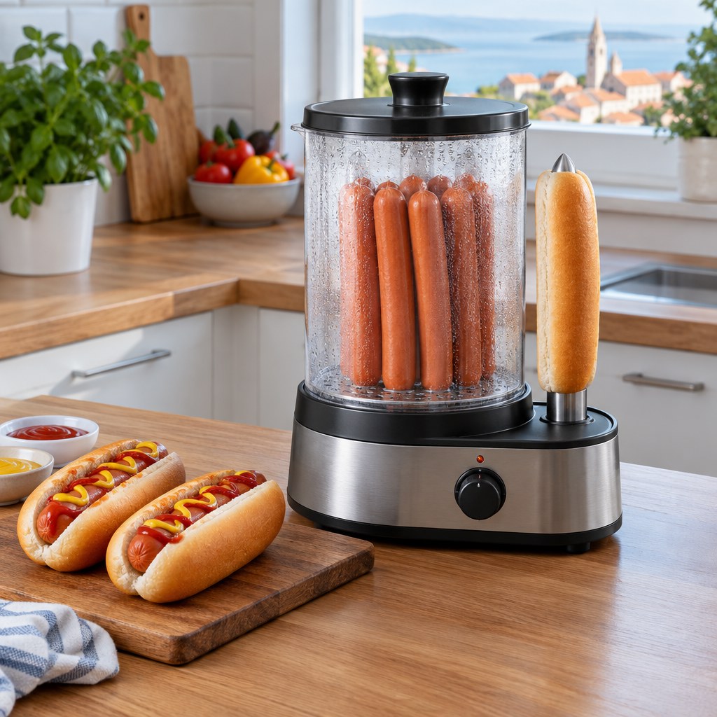 Kućni aparat za hot dog s parnom posudom za hrenovke i pripremljenim pecivima